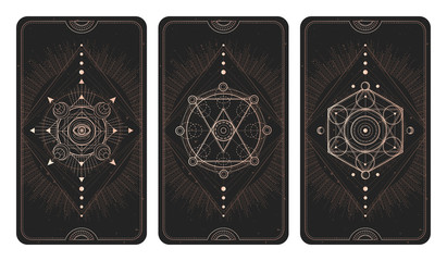 Vector set of three dark backgrounds with geometric symbols, grunge textures and frames.