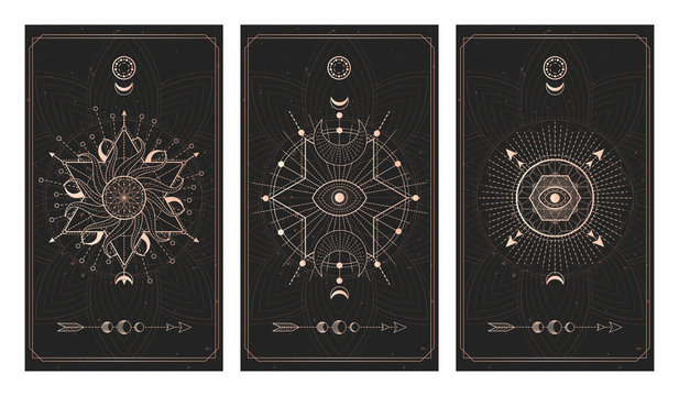 Vector set of three dark backgrounds with geometric symbols, grunge textures and frames.