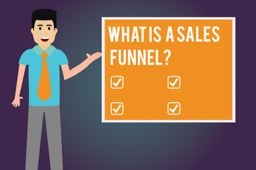 Writing note showing What Is A Sales Funnel. Business photo showcasing Develop a marketing advertising selling method Man with Tie Talking Presenting Blank Color Square Board