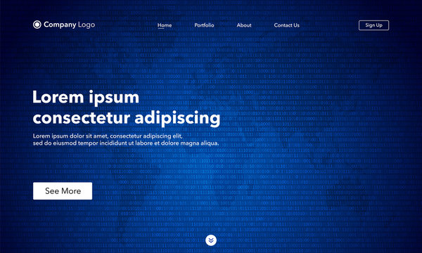 Landing Page. Asbtract background website. Template for websites, or apps. Binary code with two binary digits, 0 and 1 on map background. Algorithm Binary Data. Modern design. Abstract vector style