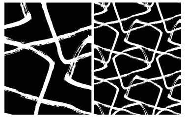 Set of 2 Hand Drawn Irregular Geometric Vector Patterns. White Brush Lines Isolated on a Black Background. Infantile Style Repeatable Design. Big Abstract Vector Grid.