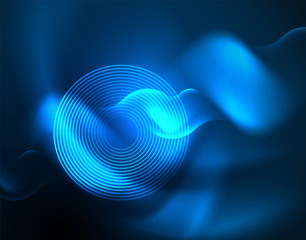 Neon glowing wave lines, blue hi-tech futuristic abstract background template