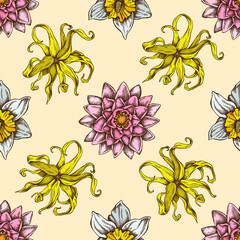 Seamless pattern with hand drawn colored ylang-ylang, daffodil, lotus