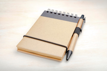 Notebook with pen, and a bowl of pistachios. The concept of planning