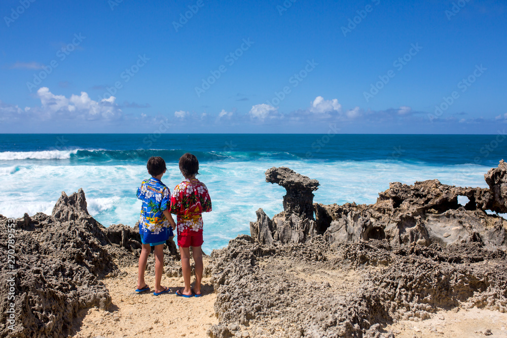 Canvas Prints Happy children in colorful hawaiian shirts, enjoying observing the big waves on shore of an island near Mauritius