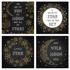 Hand-drawn postcards on the night sky. Set of vector doodle cards. Banners with phrases, stars, moon and sun in ethno style.