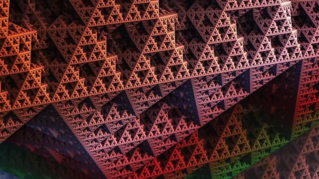 Animated Representation of a three dimensional Mandelbrot set, 3D, green yellow red blue triangles girders, fly through and 180 degree spin