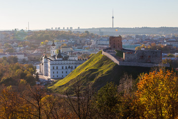 View of the Gediminas Hill and the Gediminas Castle Tower from the high point in Vilnius. Lithuania