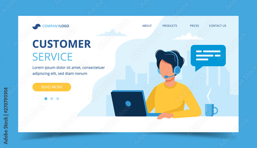 Wall mural customer service landing page. man with headphones and microphone with laptop. concept illustration 