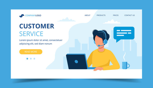 Customer service landing page. Man with headphones and microphone with laptop. Concept illustration for call center.