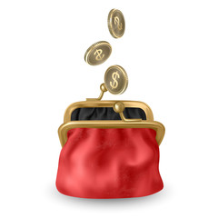 The Red, opened purse. Gold coins raining to open wallet. Golden coins money, dollars dropping or falling in open purse. Vector EPS 10 illustration