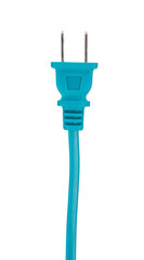 Blue electrical plug and electrical cord isolated on white background