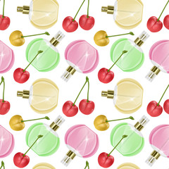 Seamless Endless Pattern with Print of perfume bottles and cherrys in cartoon style Can be used in food industry for wallpapers, wrapping paper, wedding cards.