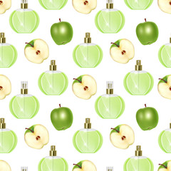 Seamless Endless Pattern with Print of perfume bottles and green apples in cartoon style Can be used in food industry for wallpapers, wrapping paper, wedding cards. Vector EPS 10 illustration