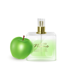 Jar with green perfume on a green apple background, realistic jar with dispenser, perfume with Apple aroma, vector EPS 10 illustration