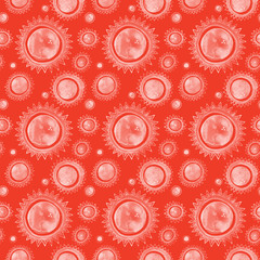 White ornate cicles on red background seamless watercolor pattern. Raster design element.