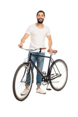 Fototapeta na wymiar cheerful latin man with bicycle isolated on white