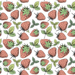 Strawberry sketch pattern. Hand-drawn red strawberry berries with green leaves on white background. Wallpaper pattern, doodle of strawberry. Seamless backdrop.