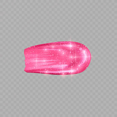 Smudged Pink lipstick isolated on transparent background with a glittering texture. Realistic vector illustration