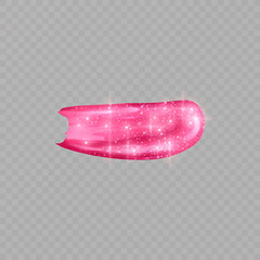 Smudged Pink lipstick isolated on transparent background with a glittering texture. Realistic vector illustration