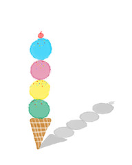 Four scoops of ice cream in a waffle cone with cherry, watercolor, vector illustration..