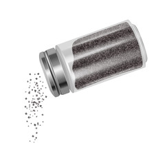 Transparent pepper shaker with metal lid, pouring ground pepper. Vector illustration Realistic 3D icon isolated on white.
