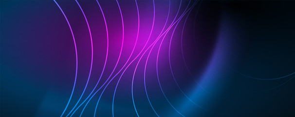 Trendy neon blue abstract design with waves and circles. Neon light glowing effect. Abstract digital background.