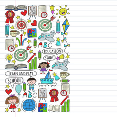 Fototapeta na wymiar Vector set of learning English language, children's drawing icons in doodle style. Painted, colorful, pictures on a piece of linear paper on white background