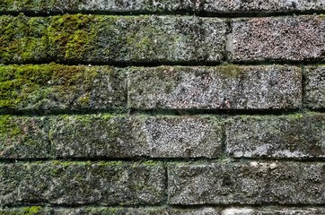rough stone brick wall with lichen and moss