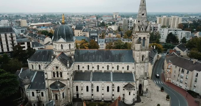 Aerial view of picturesque Chateauroux cityscape with Catholic Church of Our Lady, central France