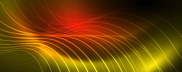Bright neon circles and wave lines, glowing shiny background design template, digital techno concept.