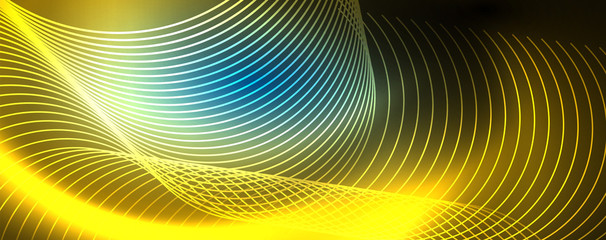 Trendy neon blue abstract design with waves and circles. Neon light glowing effect. Abstract digital background.