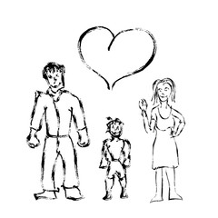 Cute child's like hand drawn family with boy and heart icon isolated on white