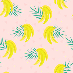 Fototapeta na wymiar Vector seamless pattern with banana, tropical leaves, dots and triangles. Exotic food background. For restaurant or cafe menu, design banners, wrapping paper, print on clothes, wallpaper.