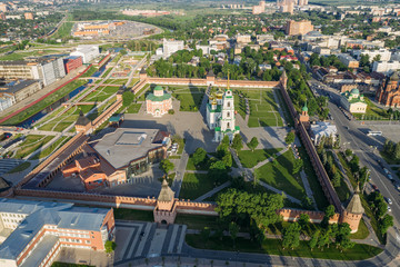 Aerial view of Tula Kremlin and Epiphany Cathedral - ancient Orthodox Church in city downtown, drone photo
