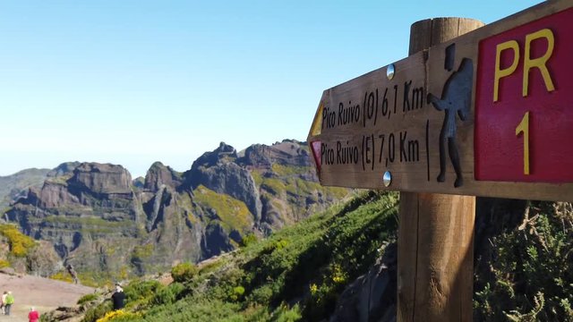 Close up of info sign at "Pico do Areeiro" to "Pico Ruivo", Madeira island, Portugal