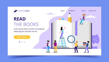 Reading landing page, small people characters around big book. Concept illustration for education, books