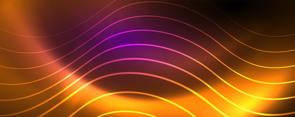 Shiny neon lights, dark abstract background with blurred magic neon light curved lines