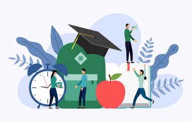 Graduation cap, apple, clock, bag and book with human concepts, education vector illustration