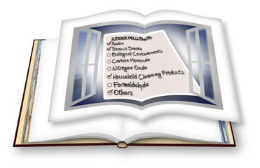 Check list of indoor air pollutants seen through an open window - 3D render concept image of an opened photo book isolated on white - I'm the copyright owner of the images used in this 3D render