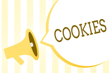 Writing note showing Cookies. Business photo showcasing Sweet biscuit Dessert Delicious food Snack Small raised cake Megaphone loudspeaker yellow stripes important message speech bubble