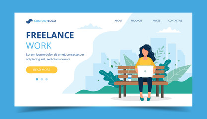 Freelance work page template. Woman working with laptop in the park. Illustration for freelancing, remote work.