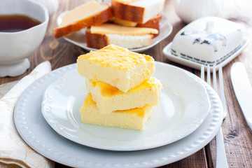 lush omelette for breakfast on a white plate, horizontal