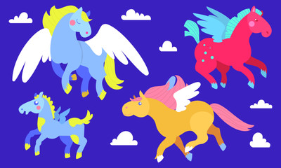 Pegasus in the clouds collection. Cute horses in pastel colors illustration