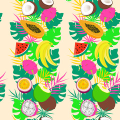Vector seamless pattern with watermelon slices, coconut, passion fruit, dragon fruit, banana and tropical leaves. Summer background. For restaurant or cafe menu, design banners, wrapping paper, print 