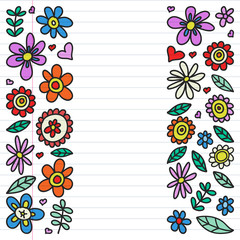 Vector set of child drawing flowers icons in doodle style. Painted, colorful, pictures on a piece of linear paper on white background.