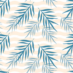 Vector seamless pattern with tropical leaves on wavy backdrop. Jungle background. For design banners, wrapping paper, print on clothes, wallpaper, textile.