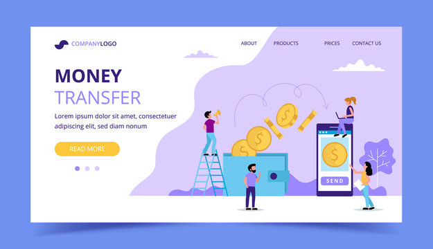 Money transfer landing page, concept illustration for sending money from wallet to smartphone.