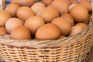 Background of fresh domestic eggs. Organic food