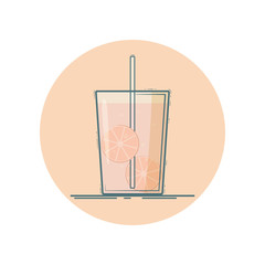Vector icon of lemonade in a glass with straw and lemon slices. Isolated in circle. Flat design.